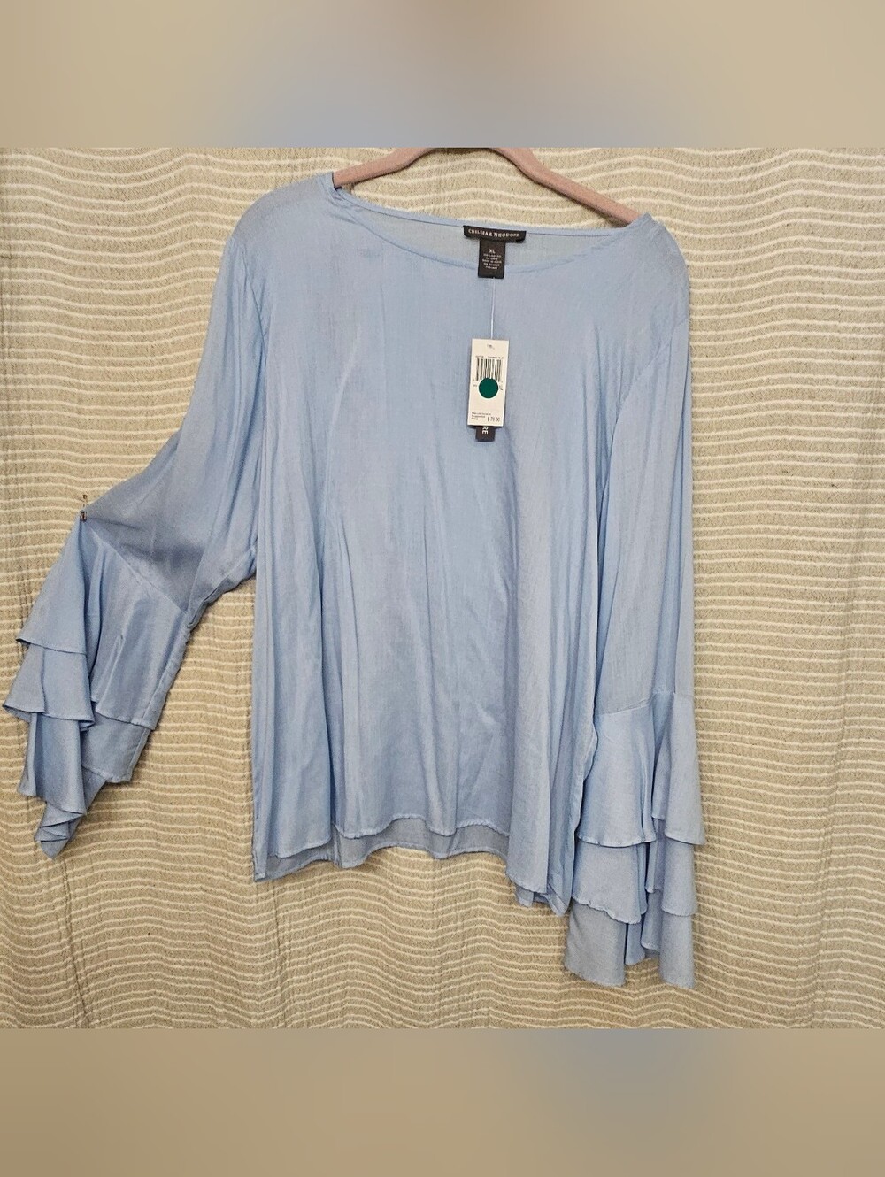 Chelsea & Theodore Light Blue Tiered Ruffle Sleeve Blouse - NWT Size XL